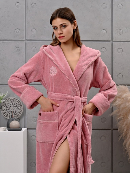 Халат женский длинный с капюшоном сухая роза